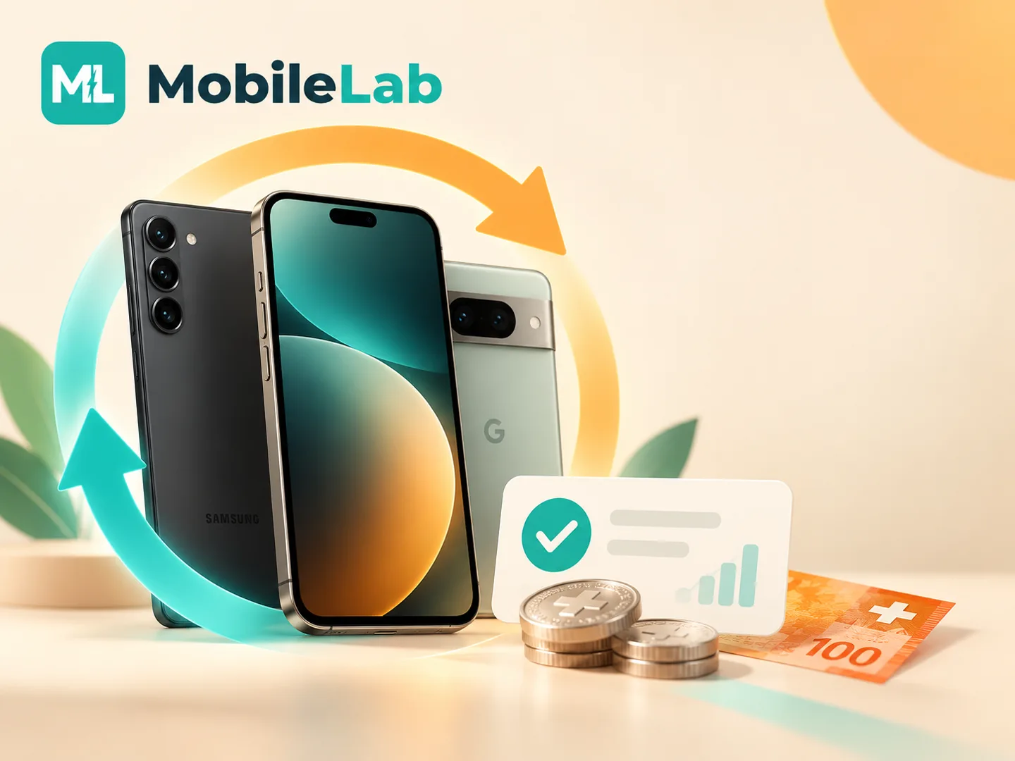 Occasion-Smartphones und Schweizer Franken als Symbol für den Handyankauf bei MobileLab Bern